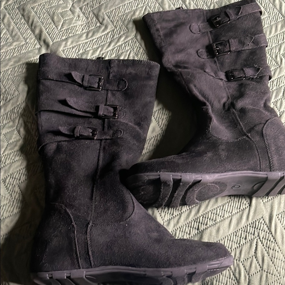 Women's Black Suede Buckle Boots